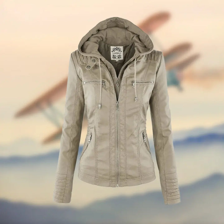 Caroline | Stylish Tan Leather Jacket with Hood Luvy Boutique