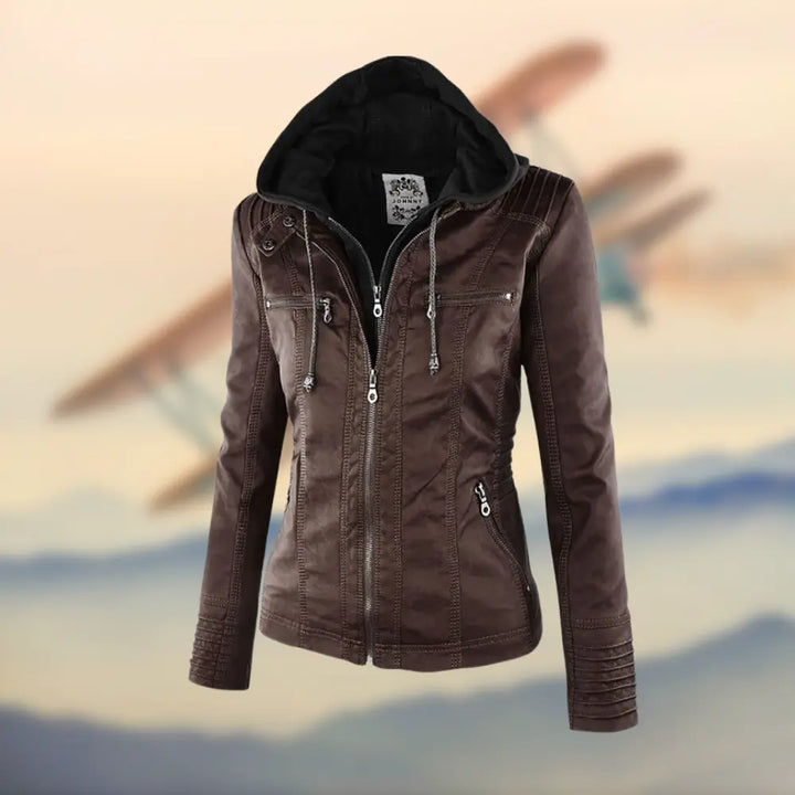 Caroline | Stylish Tan Leather Jacket with Hood Luvy Boutique