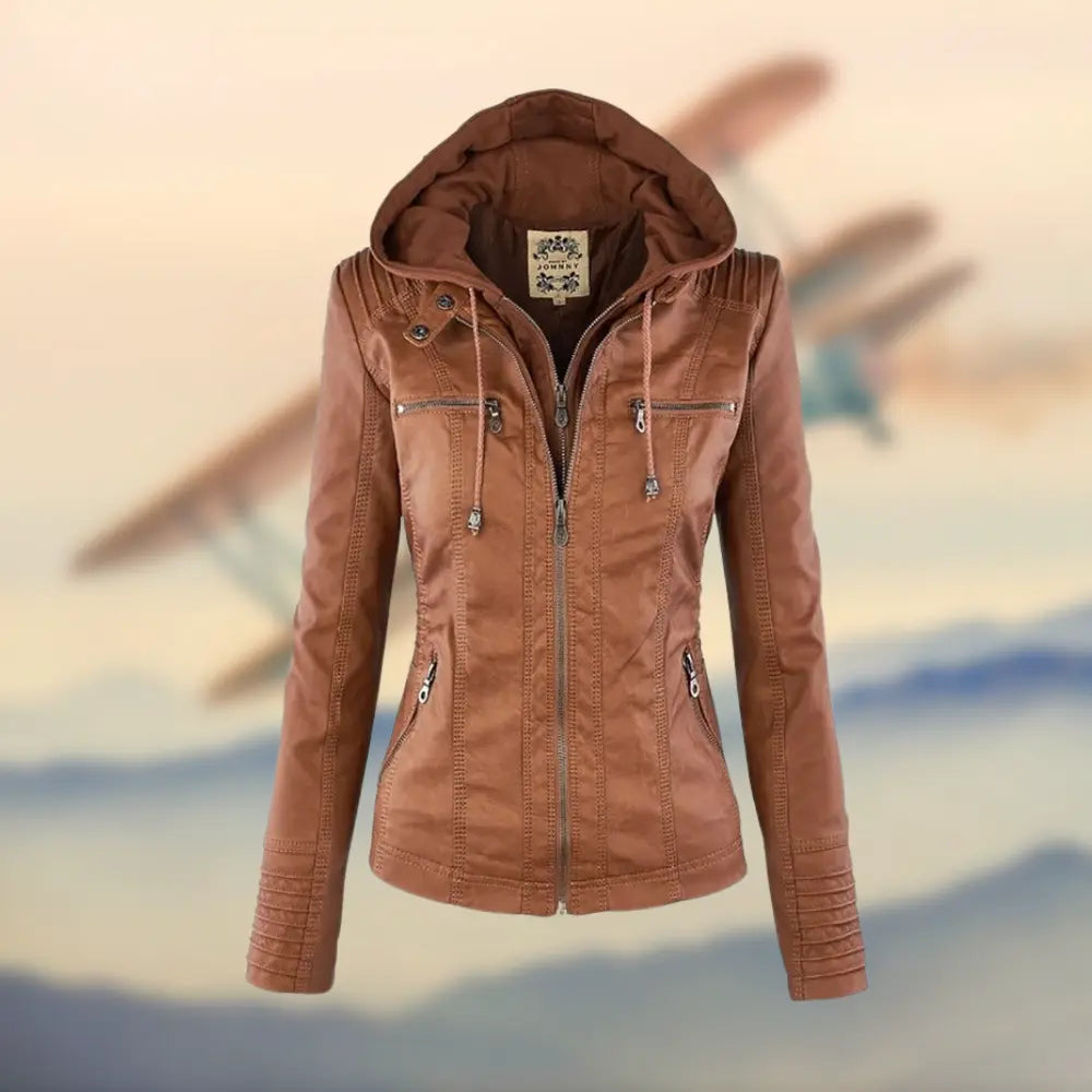 Caroline | Stylish Tan Leather Jacket with Hood Luvy Boutique
