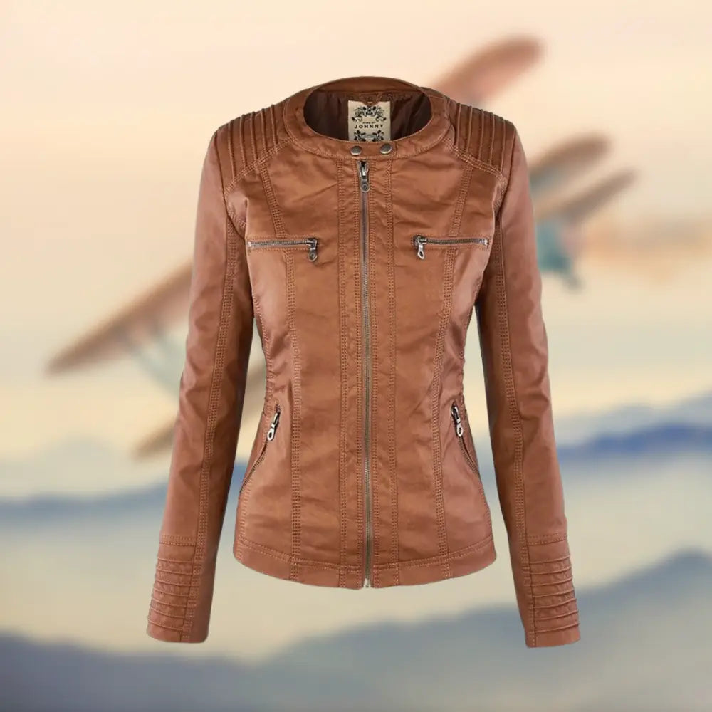 Caroline | Stylish Tan Leather Jacket with Hood Luvy Boutique
