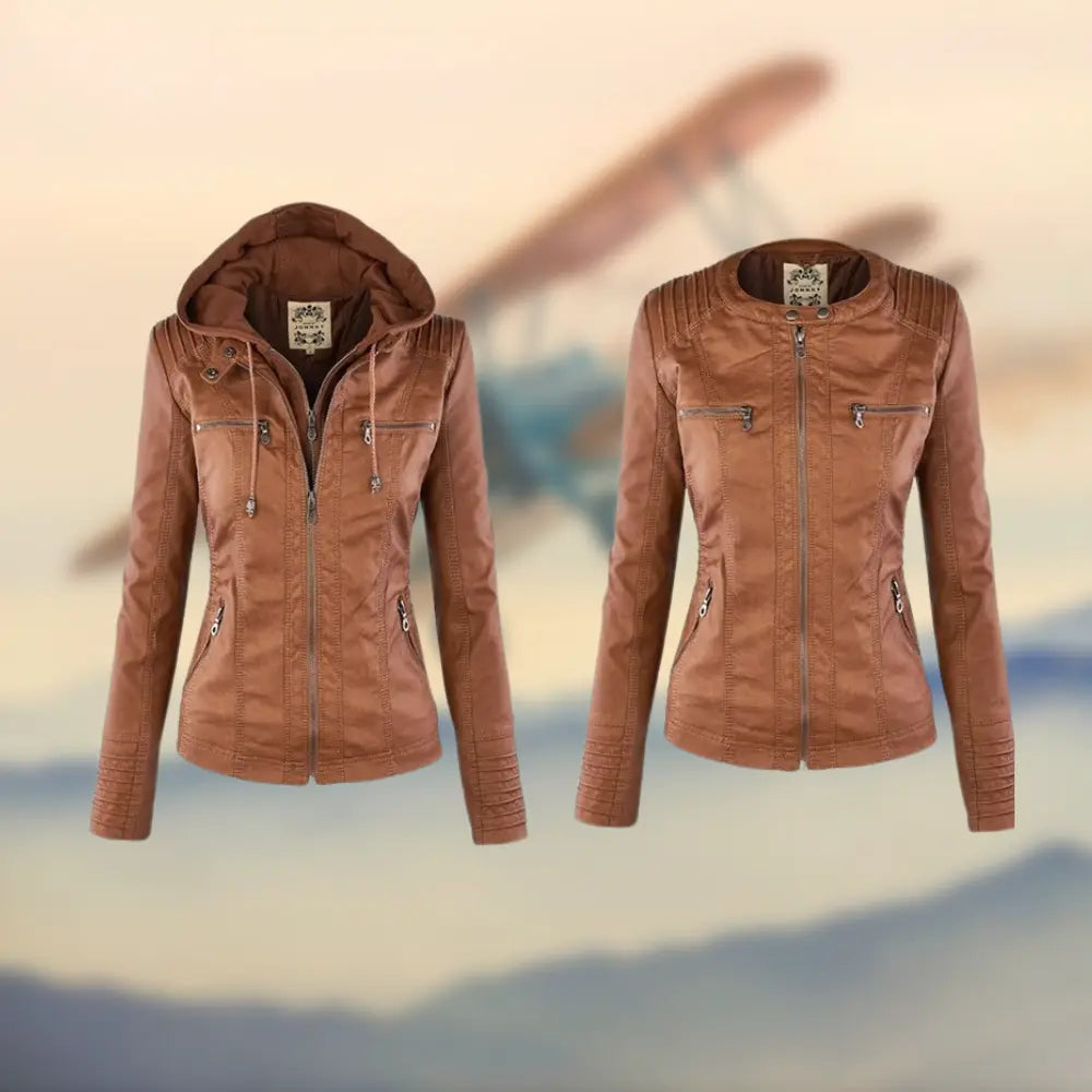 Caroline | Stylish Tan Leather Jacket with Hood Luvy Boutique