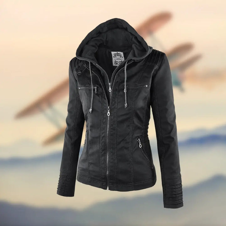 Caroline | Stylish Tan Leather Jacket with Hood Luvy Boutique