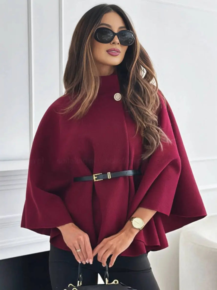Lara |  Short Red poncho coat with batwing sleeves, elegant and casual for women Luvy Boutique