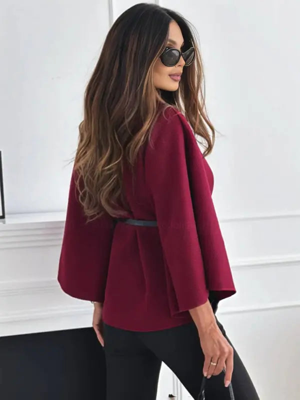 Lara |  Short Red poncho coat with batwing sleeves, elegant and casual for women Luvy Boutique