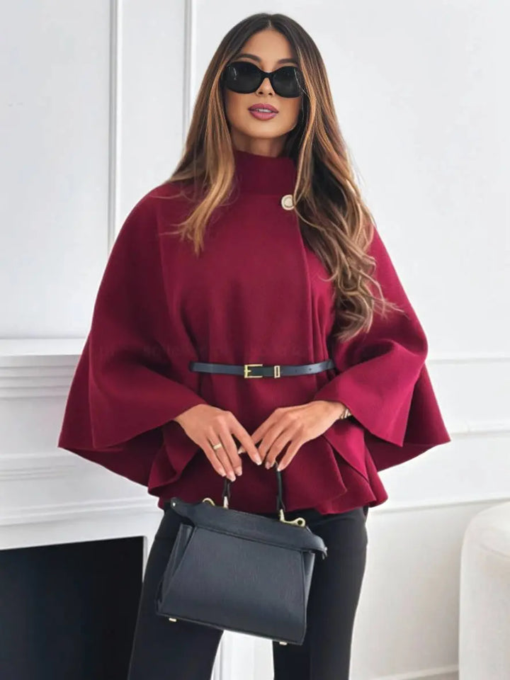 Lara |  Short Red poncho coat with batwing sleeves, elegant and casual for women Luvy Boutique