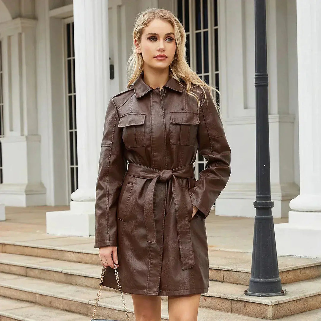 Liana | Stylish Long Leather Coat Luvy Boutique