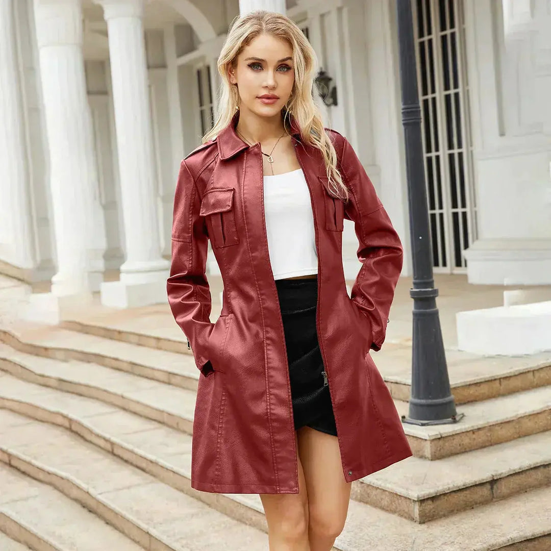 Liana | Stylish Long Leather Coat Luvy Boutique