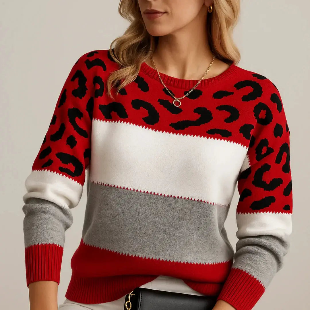 Claire | Women Leopard Pattern Color Block Sweater Luvy Boutique