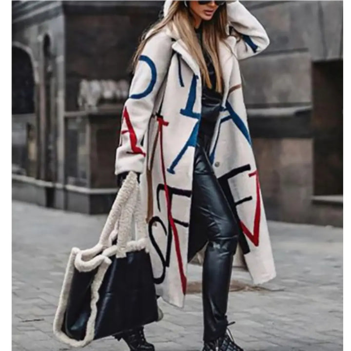 Aya | Long women's coat with stylish designer patterns, made from soft fabric. Luvy Boutique