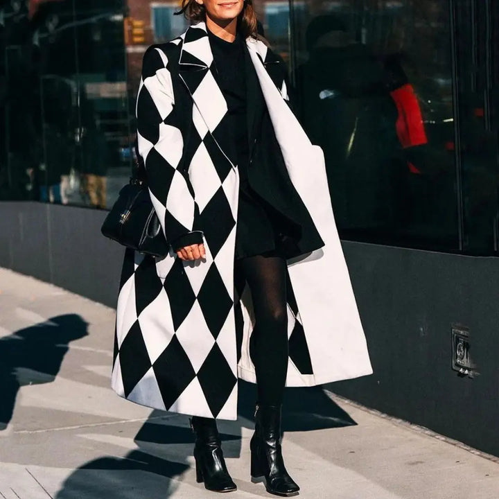 Aya | Long women's coat with stylish designer patterns, made from soft fabric. Luvy Boutique