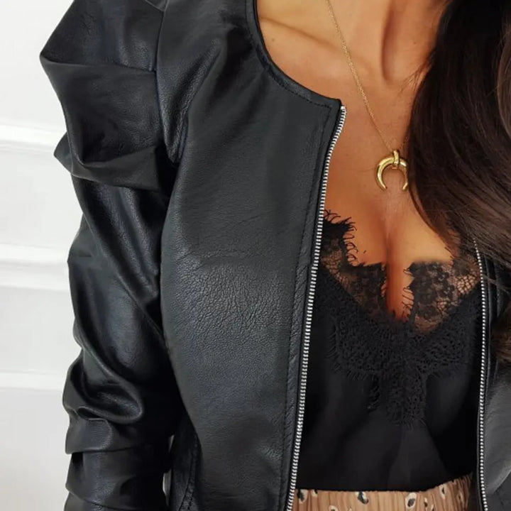 Livia | Stylish Puff Sleeve Leather Jacket Luvy Boutique