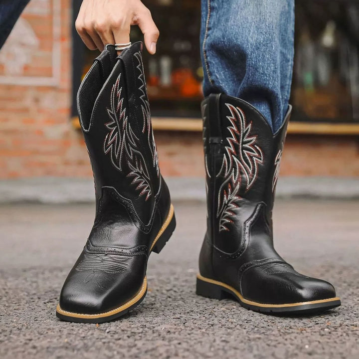 Men's Black Leather Embroidered Cowboy Boots