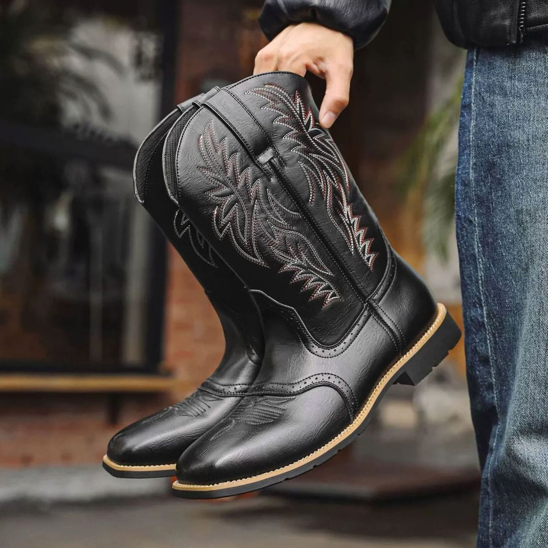 Men's Black Leather Embroidered Cowboy Boots - Black