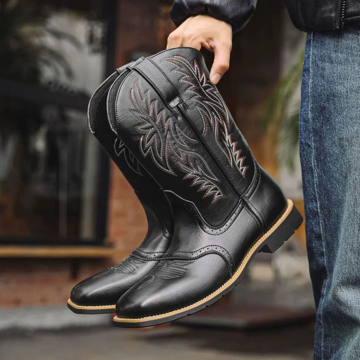 Men's Black Leather Embroidered Cowboy Boots - Black