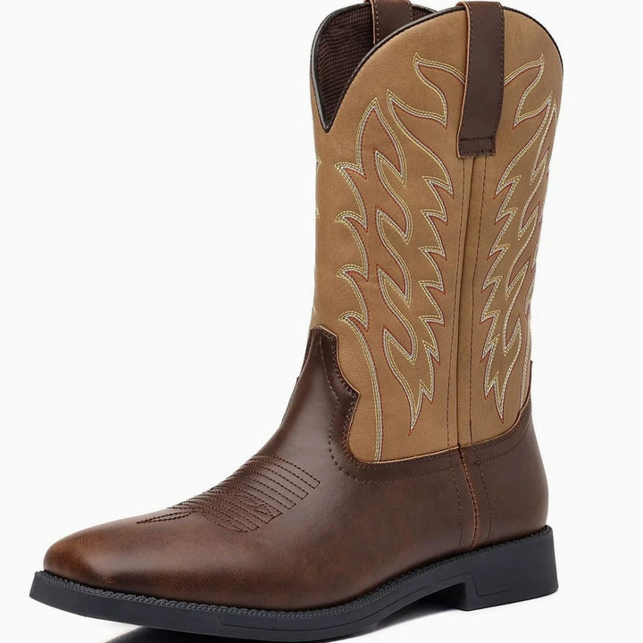 Men's Black Leather Embroidered Cowboy Boots - Khaki Brown