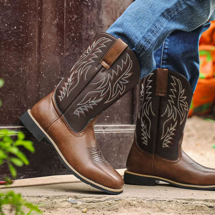 Men's Black Leather Embroidered Cowboy Boots