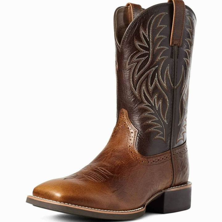 Men's Black Leather Embroidered Cowboy Boots - Dark Brown