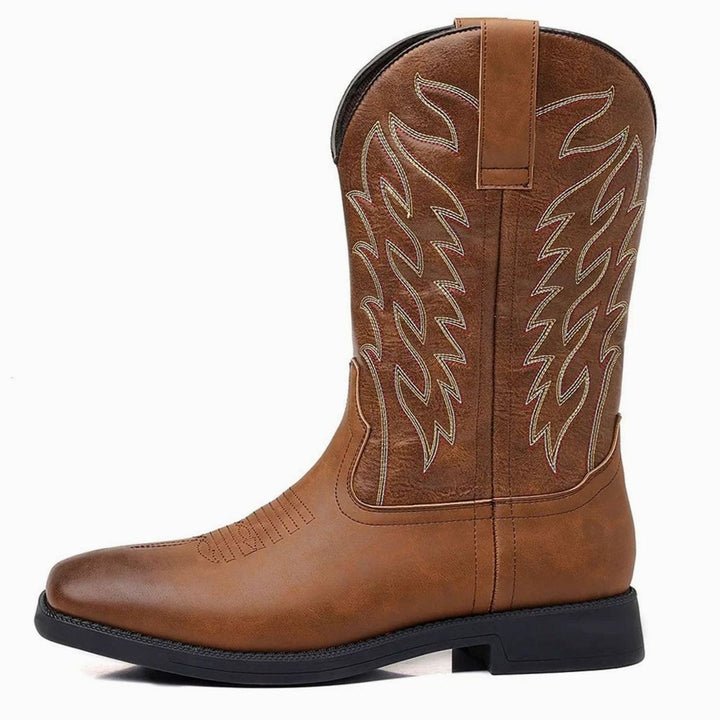Men's Black Leather Embroidered Cowboy Boots - Brown