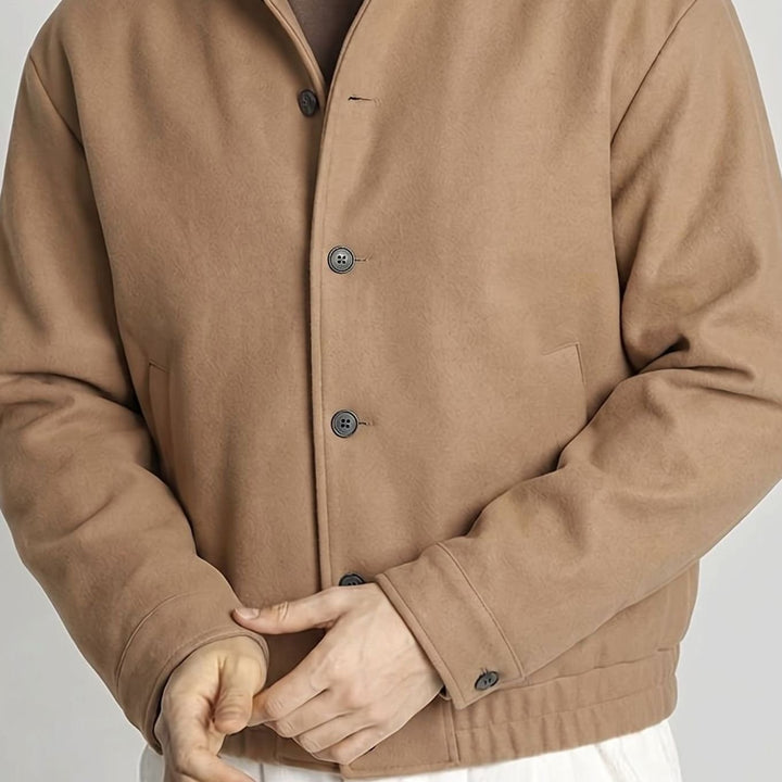 Men's Button-Front Wool-Feel Bomber Jacket Stand Collar - Khaki