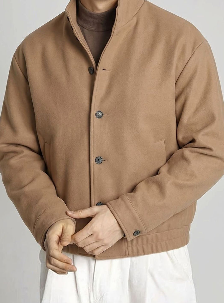 Men's Button-Front Wool-Feel Bomber Jacket Stand Collar