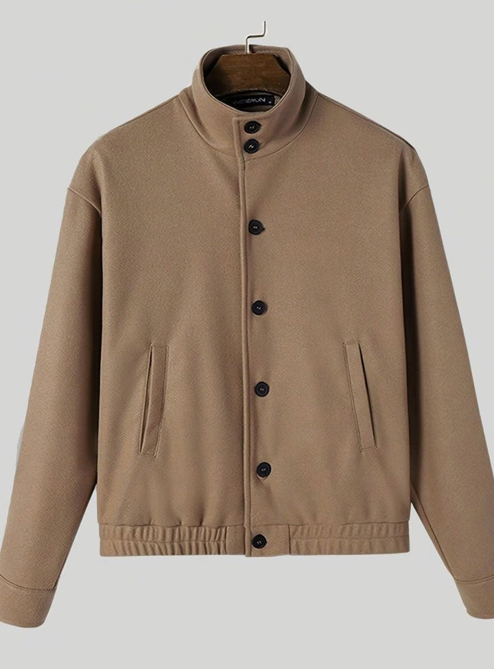 Men's Button-Front Wool-Feel Bomber Jacket Stand Collar