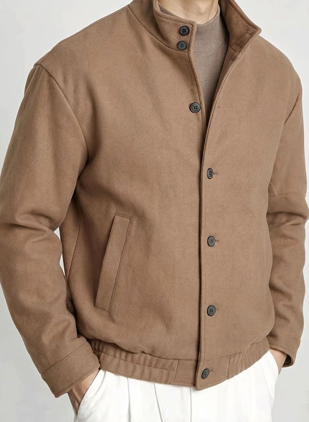 Men's Button-Front Wool-Feel Bomber Jacket Stand Collar
