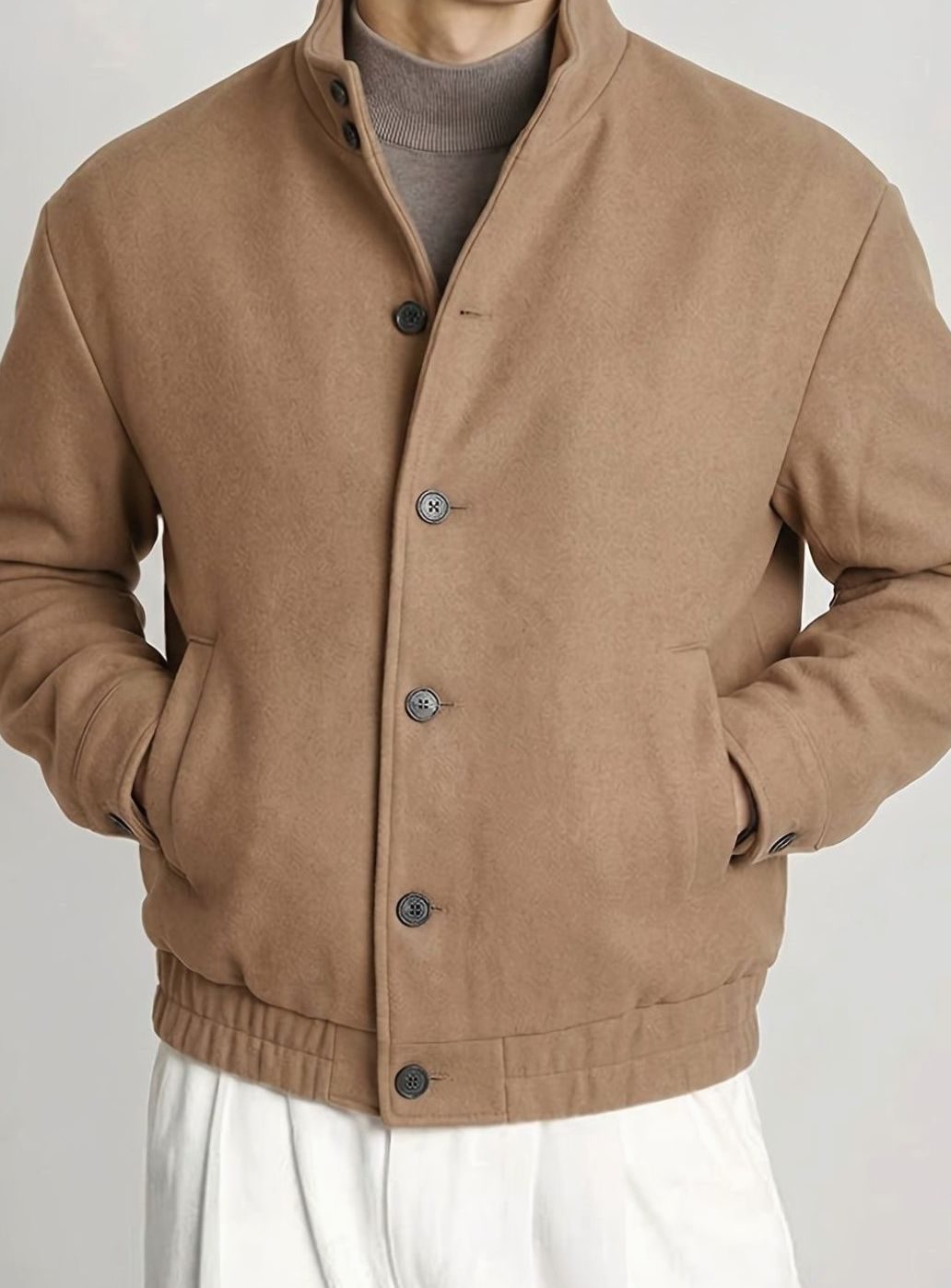 Men's Button-Front Wool-Feel Bomber Jacket Stand Collar