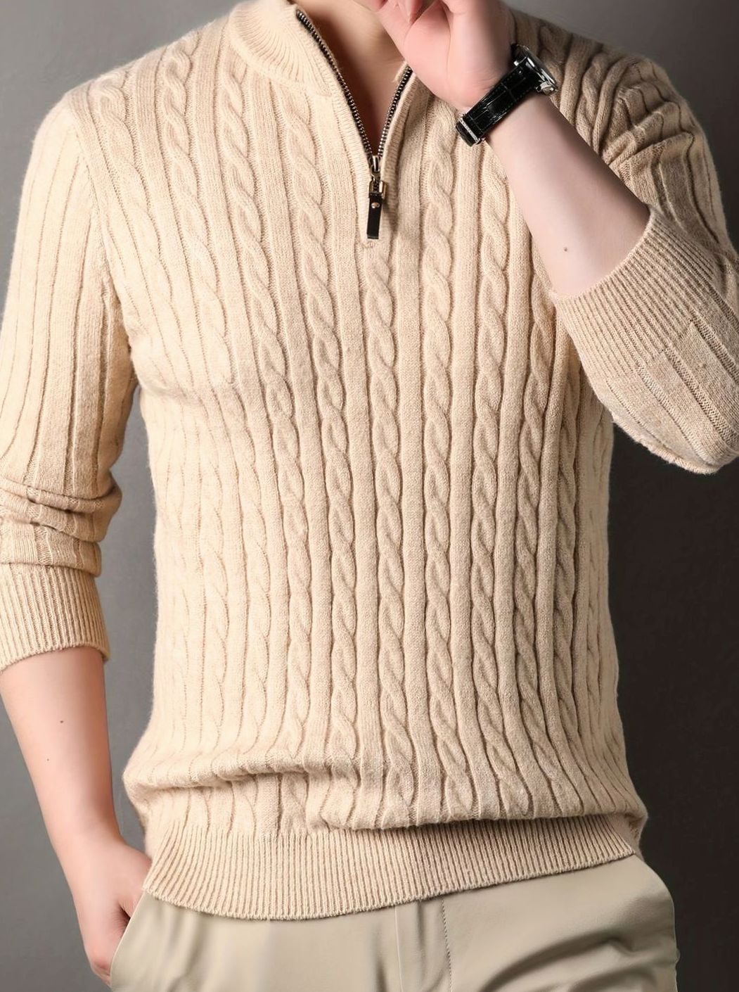 Men's Cable-Knit Half-Zip Winter Sweater - Apricot