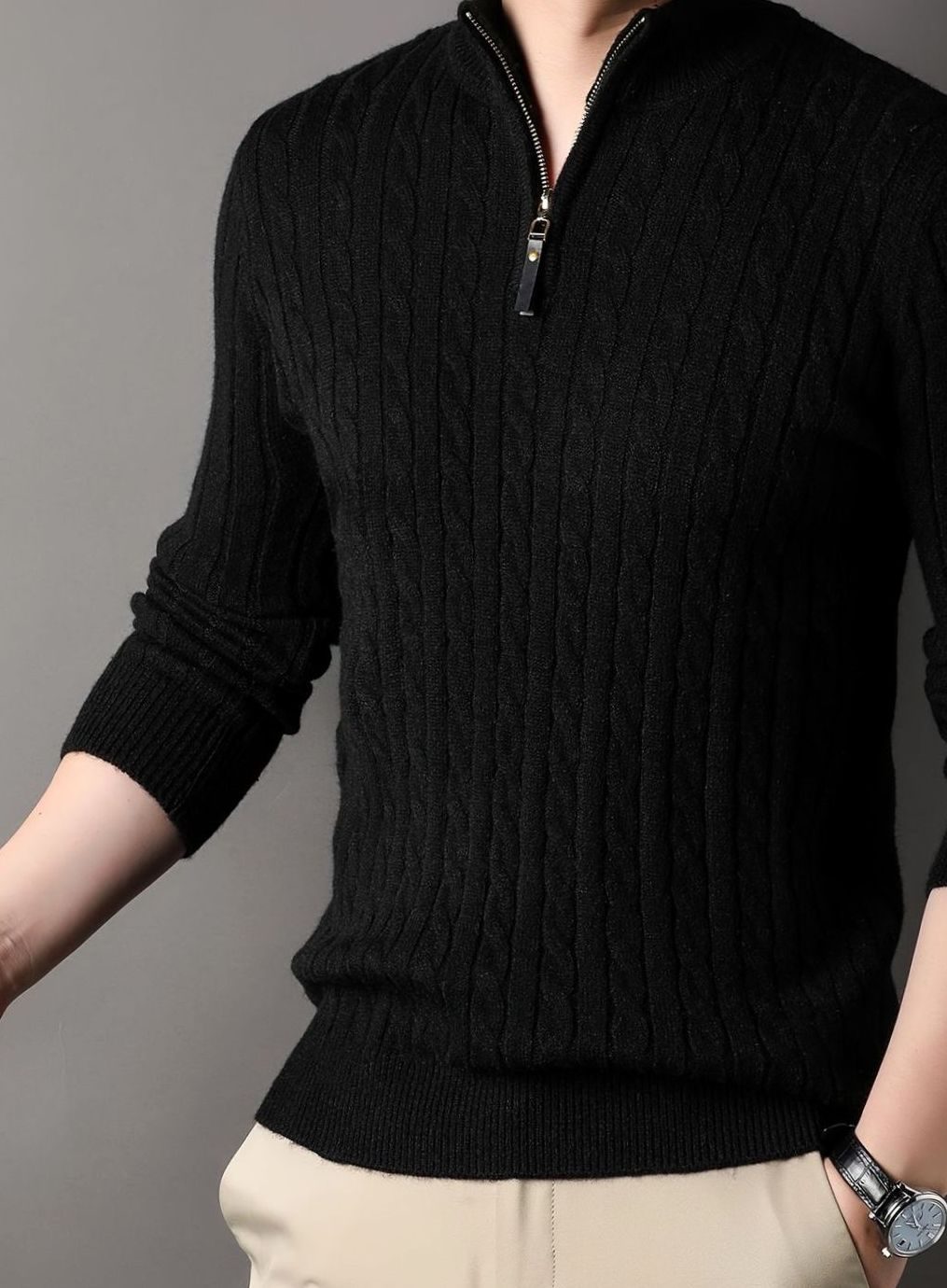 Men's Cable-Knit Half-Zip Winter Sweater - Black