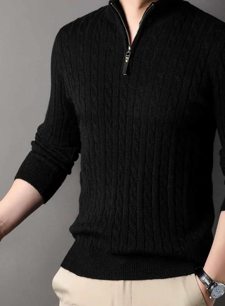 Men's Cable-Knit Half-Zip Winter Sweater - Black