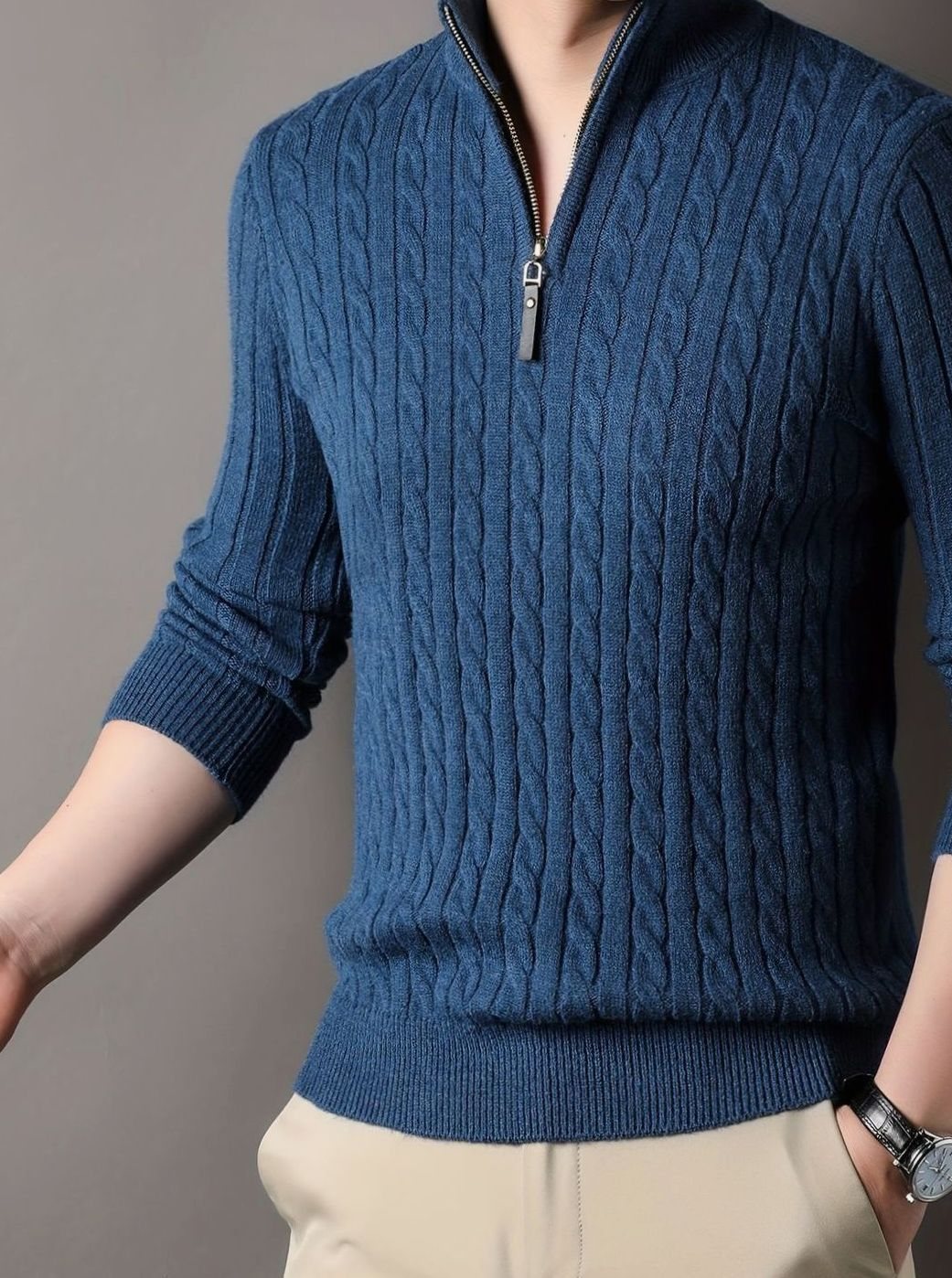 Men's Cable-Knit Half-Zip Winter Sweater - Blue