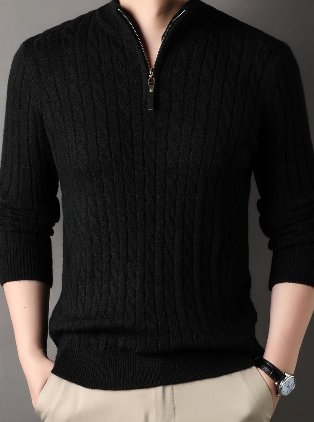 Men's Cable-Knit Half-Zip Winter Sweater
