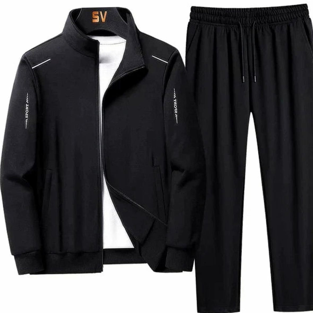Men's Casual Tracksuit Two-Piece Zip Jacket Jogger Pants Set - Black