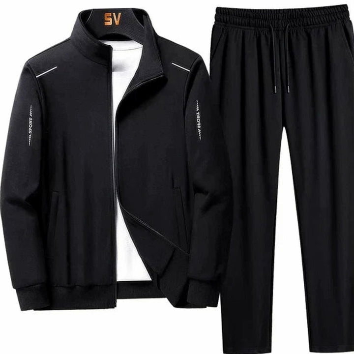 Men's Casual Tracksuit Two-Piece Zip Jacket Jogger Pants Set - Black