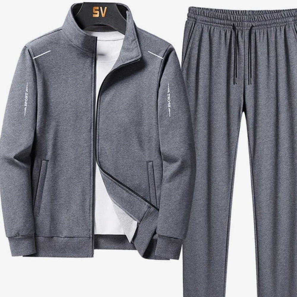 Men's Casual Tracksuit Two-Piece Zip Jacket Jogger Pants Set - Grey
