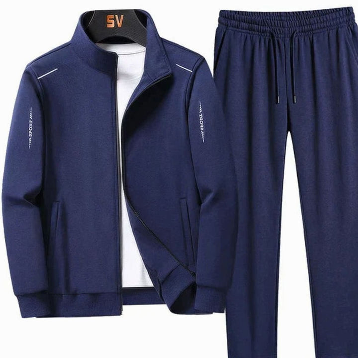 Men's Casual Tracksuit Two-Piece Zip Jacket Jogger Pants Set - Dark Blue