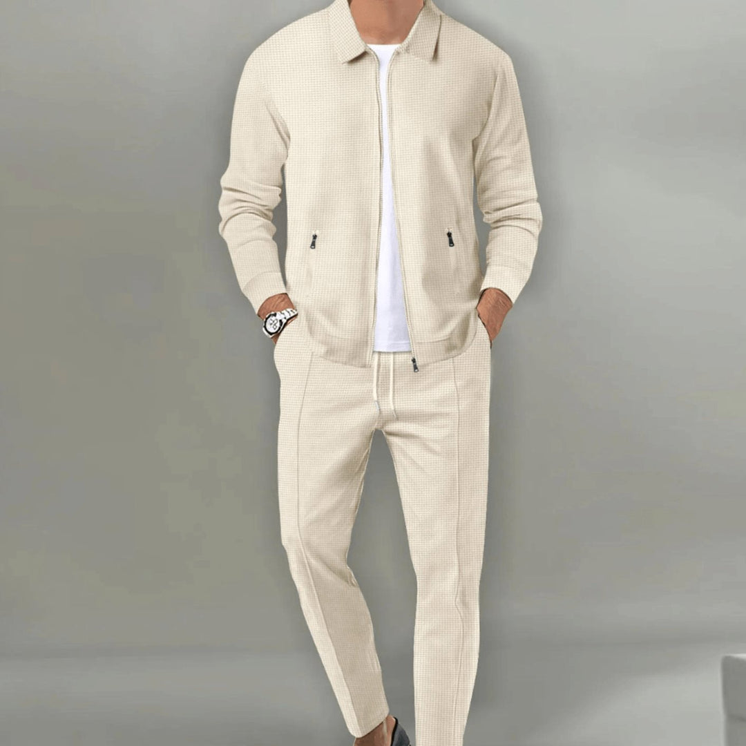 Men's Casual Tracksuit Two-Piece Zip-Up Jacket Jogger Pants Set - Beige