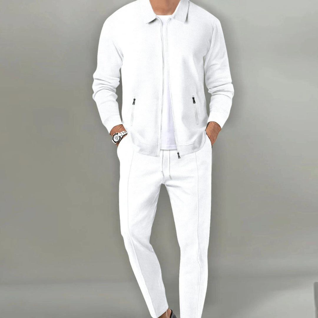Men's Casual Tracksuit Two-Piece Zip-Up Jacket Jogger Pants Set - White