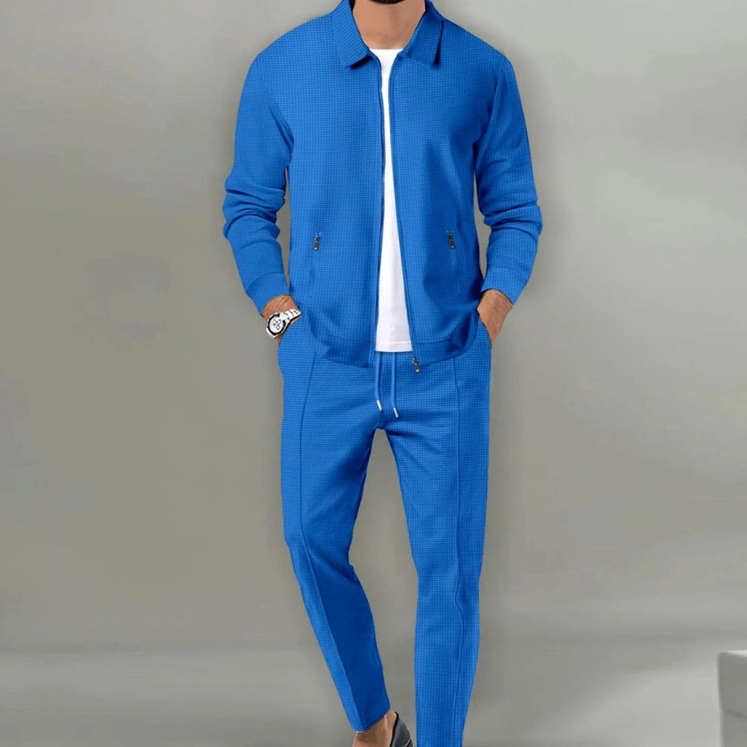 Men's Casual Tracksuit Two-Piece Zip-Up Jacket Jogger Pants Set - Blue