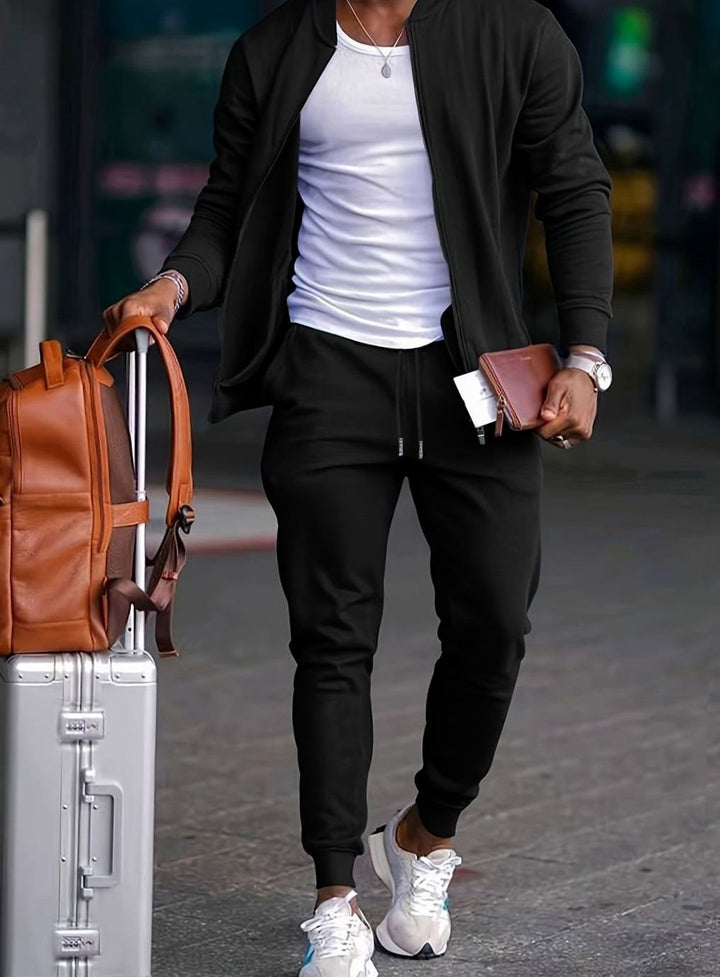 Men's Casual Travel Tracksuit Zip Jacket Tapered Jogger Set - Black