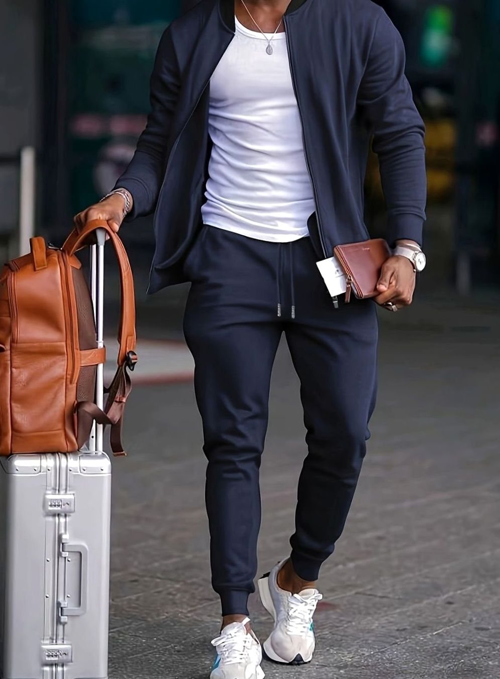 Men's Casual Travel Tracksuit Zip Jacket Tapered Jogger Set - Navy Blue