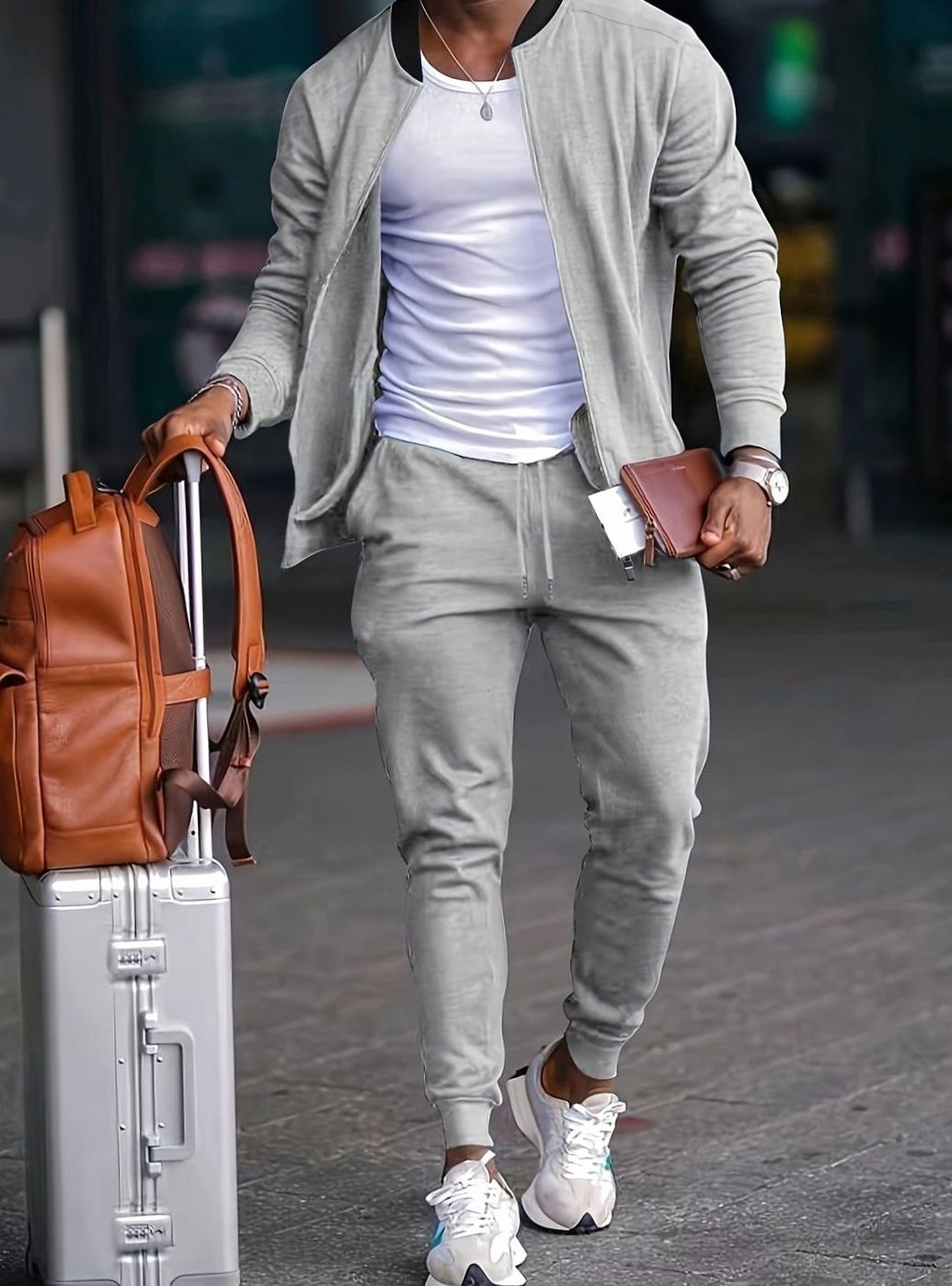 Men's Casual Travel Tracksuit Zip Jacket Tapered Jogger Set - Grey