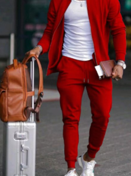 Men's Casual Travel Tracksuit Zip Jacket Tapered Jogger Set - Red