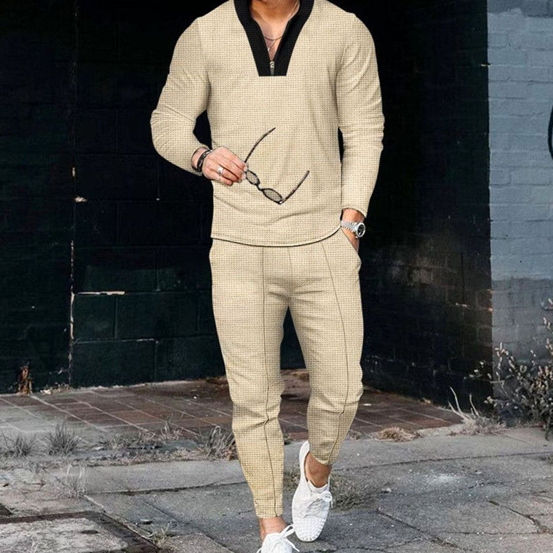 Men's Casual Two-Piece Outfit Long-Sleeve Zip Top Jogger Set - Khaki