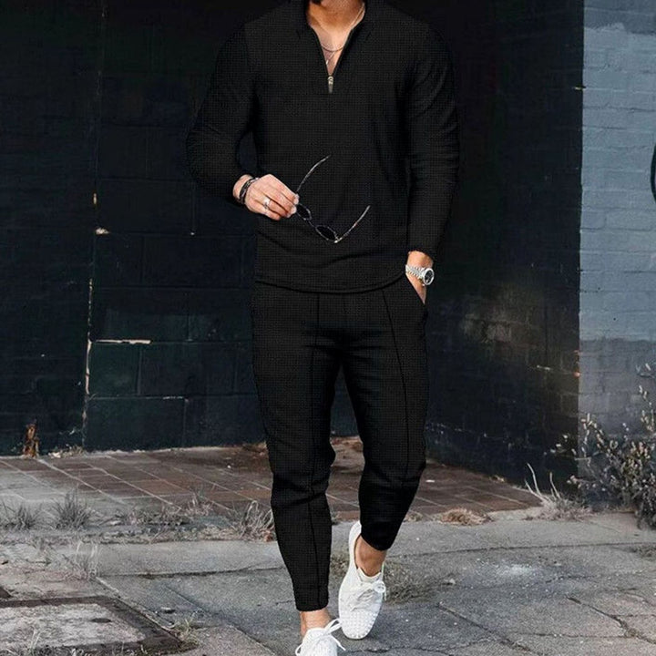 Men's Casual Two-Piece Outfit Long-Sleeve Zip Top Jogger Set - Black