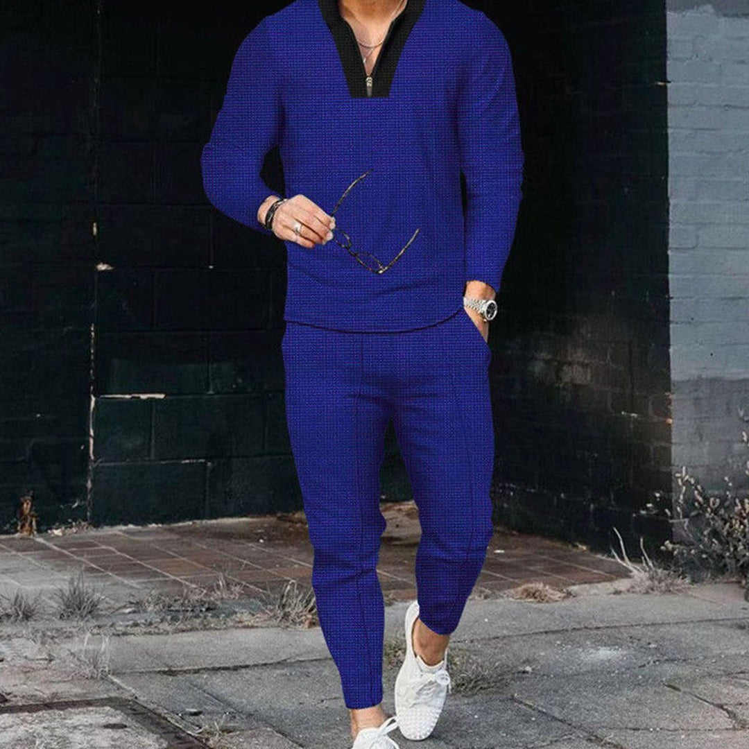 Men's Casual Two-Piece Outfit Long-Sleeve Zip Top Jogger Set - Blue