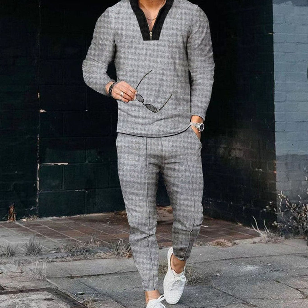 Men's Casual Two-Piece Outfit Long-Sleeve Zip Top Jogger Set - Grey