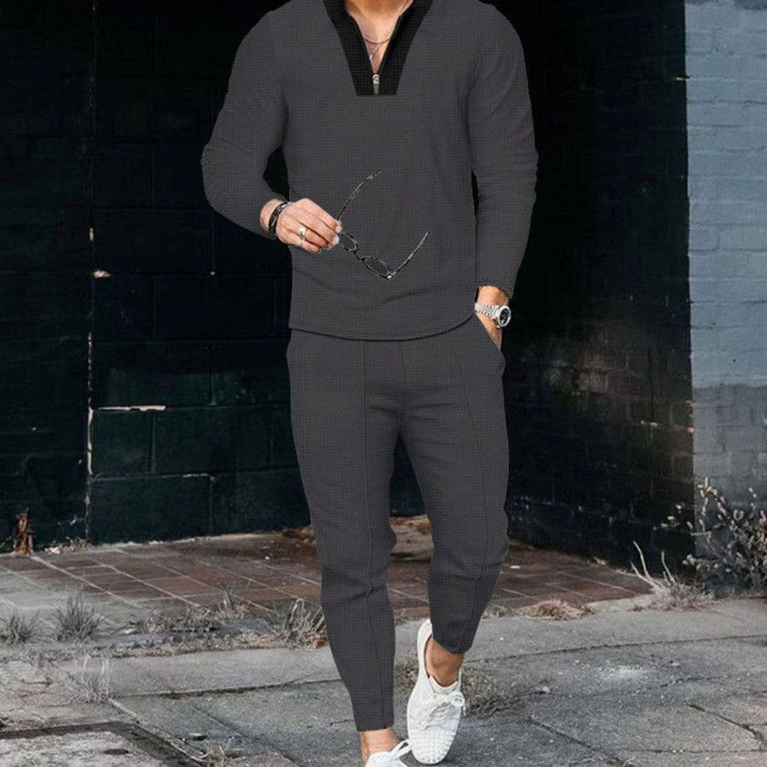 Men's Casual Two-Piece Outfit Long-Sleeve Zip Top Jogger Set - Dark Grey