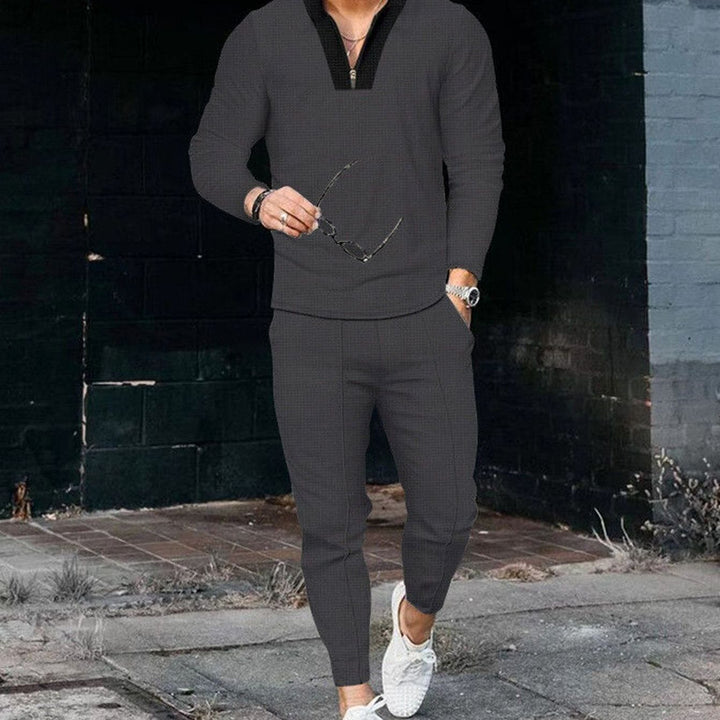 Men's Casual Two-Piece Outfit Long-Sleeve Zip Top Jogger Set - Dark Grey