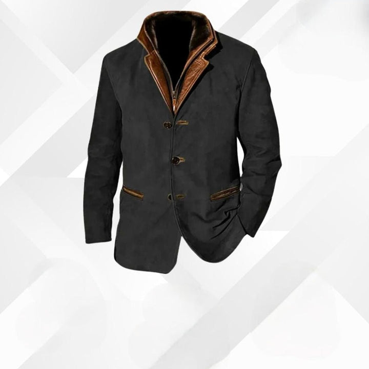 Men's Classic Button-Up Warm Jacket Contrast Leather Collar - Black